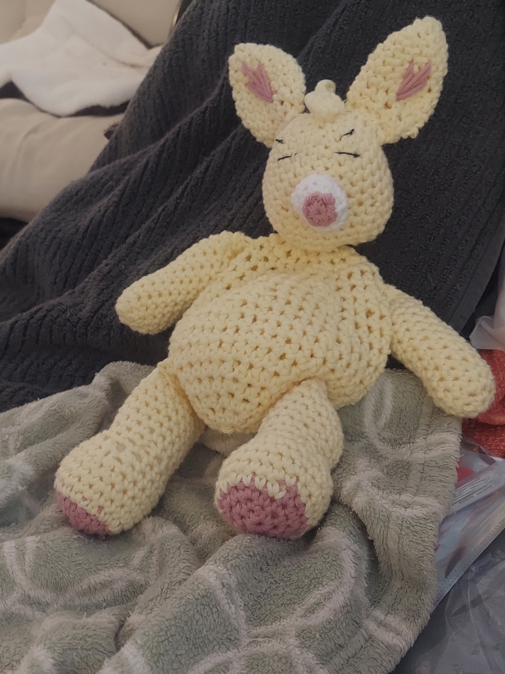 Handmade Yellow Crochet Snuggle Bunny Plush with Pink Accents